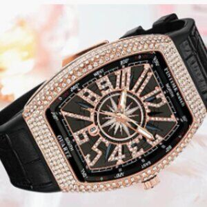 Mens Bling Rose Gold/Black Calendar Quartz Sports Wrist Watch